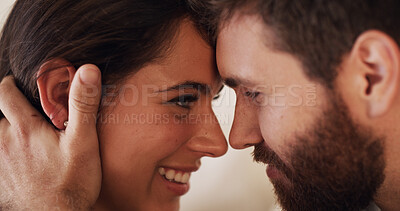 Buy stock photo Forehead, love and romance with face of couple in home bedroom together for bonding or safety. Security, smile or trust with man and woman in apartment for anniversary, honeymoon or wellness