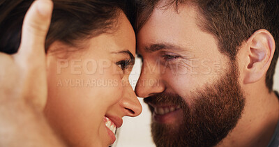 Buy stock photo Forehead, love and romance with couple in home bedroom for bonding, safety and smile. Security, commitment or trust with man and woman in apartment for anniversary, honeymoon or wellness and support