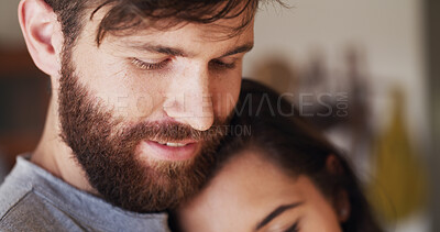 Buy stock photo Face, hug and smile with couple in home together for comfort, safety or security of relationship. Bonding, connection and trust with woman on chest of man in apartment for cuddle, love or romance
