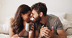 Couple, forehead and coffee in bed with happiness, moment and connection for bonding in home. Woman, man and smile for romance, morning drink and rest with commitment, trust and comfort in bedroom