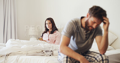 Buy stock photo Frustrated woman, argument and conflict with stress in bed for cheating affair or disagreement. Upset, person or toxic relationship with phone in bedroom dispute for divorce or trust issues in home