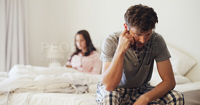 Buy stock photo Frustrated man, fight or conflict with stress in bed for breakup, quarrel or argument. Upset couple, woman or toxic relationship with guilt in bedroom for home dispute, divorce or cheating affair