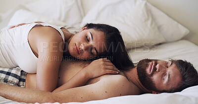 Buy stock photo Sleeping, couple and cozy on bed, home or lazy on break on weekend, rest and comfortable in bedroom. Exhausted, man and cuddle with woman, relationship and relax together on mattress or care in house
