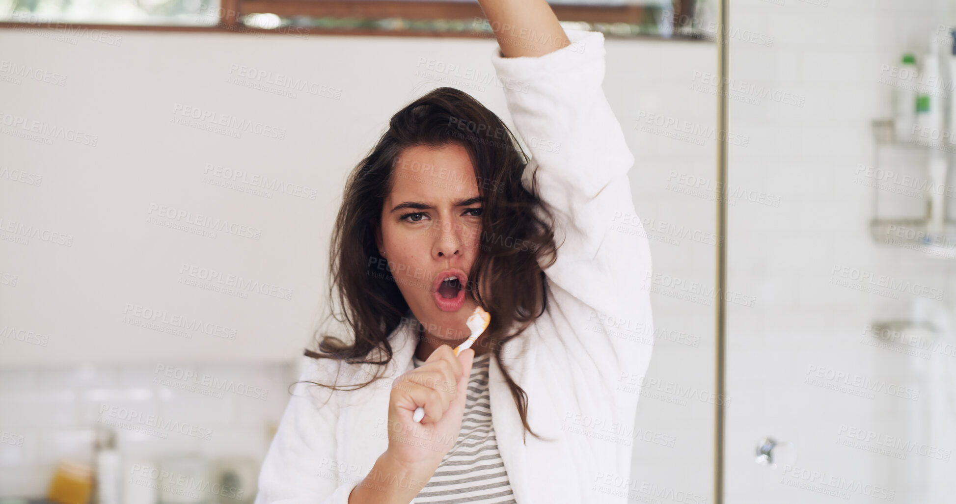 Buy stock photo Portrait, toothbrush and woman with energy, singing and dental health with music playlist. Home, oral hygiene and person with fun, wellness and routine with results, confidence and audio in bathroom