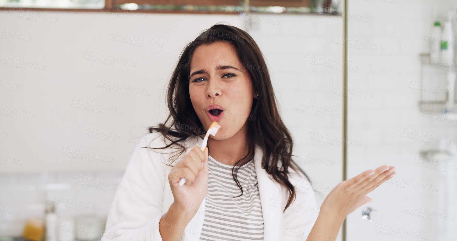 Buy stock photo Portrait, toothbrush and woman in bathroom, singing and dental hygiene with music playlist. Home, oral care and person with sound, wellness and health routine with audio, morning and playful with fun