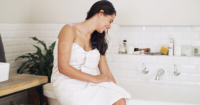 Buy stock photo Bathroom, towel and woman with bath preparation for morning routine, start day and washing. Wellness, happy person and getting ready in house for hygiene, cleaning skin and self care maintenance