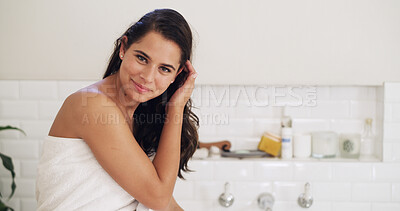 Buy stock photo Hygiene, portrait and smile of woman in bathroom of home for cleaning, skincare or washing. Relax, self care and towel with happy person in apartment for grooming, health or weekend wellness