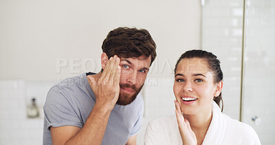 Buy stock photo Portrait, cosmetics and couple in bathroom, smile and routine with grooming, shine and wellness. Bonding together, home or man with woman, dermatology or healthy skin with beauty, skincare or morning