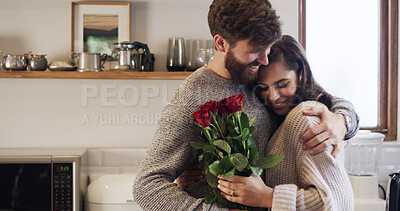 Buy stock photo Flowers, hug and romance with couple in living room of home together for anniversary celebration. Bouquet of roses, gift or love with man and woman embracing in apartment for bonding or security