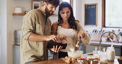 Buy stock photo Kitchen, guide or couple on tablet for baking recipe method, lunch or mixing in home together. Online tutorial, cooking or people on touchscreen with ingredients instruction, food or meal prep steps