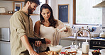 Kitchen, milk or couple on tablet for baking recipe method, lunch or guide in home together. Online tutorial, cooking or people on touchscreen with ingredients instruction, food or meal prep steps