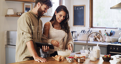 Buy stock photo Kitchen, tips or happy couple on tablet for baking recipe method, lunch or guide in home together. Online tutorial, cooking or people on touchscreen with ingredients instruction, food or meal steps