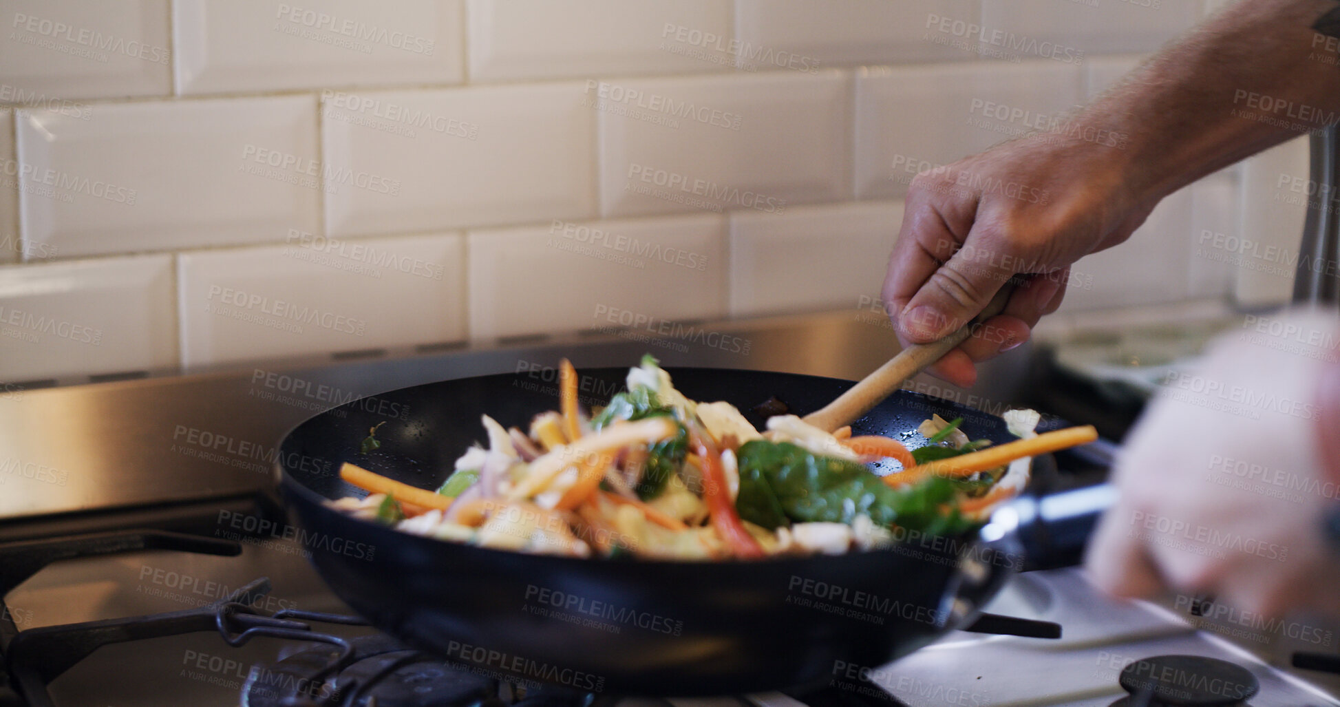 Buy stock photo Cooking, hands and pan with meal, kitchen or mixing healthy food in home, ingredients and nutrition. Preparing, dinner and person with culinary skills, vegetables and recipe for cuisine in house