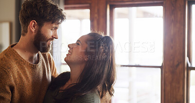 Buy stock photo Dance, smile and hug with couple in home for bonding, support and romantic relationship. Happiness, love and anniversary celebration with man and woman in apartment for trust, marriage and connection