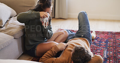 Buy stock photo Couple, relax and photo with digital camera in home for happy memory, relationship and connection. Bonding, people and capture picture on lounge floor for anniversary weekend, commitment and support