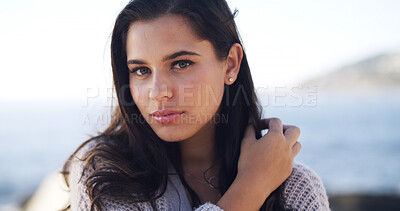 Buy stock photo Portrait, travel and woman at ocean for vacation, summer trip or adventure in nature. Beach, tourist and female person at outdoor with confidence on holiday at sea on tropical island in Greece