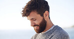 Beach, thinking and happy man on vacation at ocean for summer trip, holiday break and adventure. Smile, reflection and person outdoor at sea for tourism, daydreaming and travel on island with space