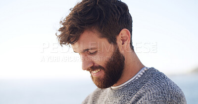 Buy stock photo Beach, thinking and happy man on vacation at ocean for summer trip, holiday break and adventure. Smile, reflection and person outdoor at sea for tourism, daydreaming and travel on island with space