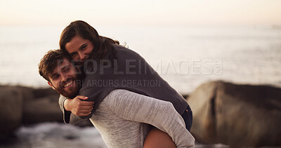 Buy stock photo Ocean, love and happy couple with piggyback on holiday, vacation and date together. Smile, man and woman with hug at beach for romance, connection and travel with portrait of partner outdoor at space