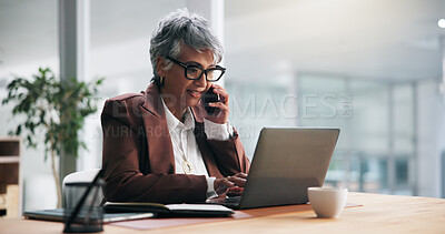 Buy stock photo Business, phone call and woman in office, laptop and schedule for tax audit, internet and accounting. Mature person, financial agency and employee with computer, portfolio management and stock market