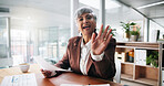 Mature, happy woman or portrait with wave, documents or greeting in office for finance advice. Female person, accountant or financial advisor in POV for video call, introduction or pitch in workplace