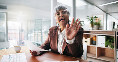 Buy stock photo Mature, happy woman or portrait with wave, documents or greeting in office for finance advice. Female person, accountant or financial advisor in POV for video call, introduction or pitch in workplace