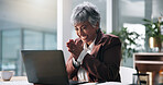 Business woman, laptop and excited with applause for trading profit, investment deal or success. Trader, happy mature person and tech with celebration in office for stock market growth and good news