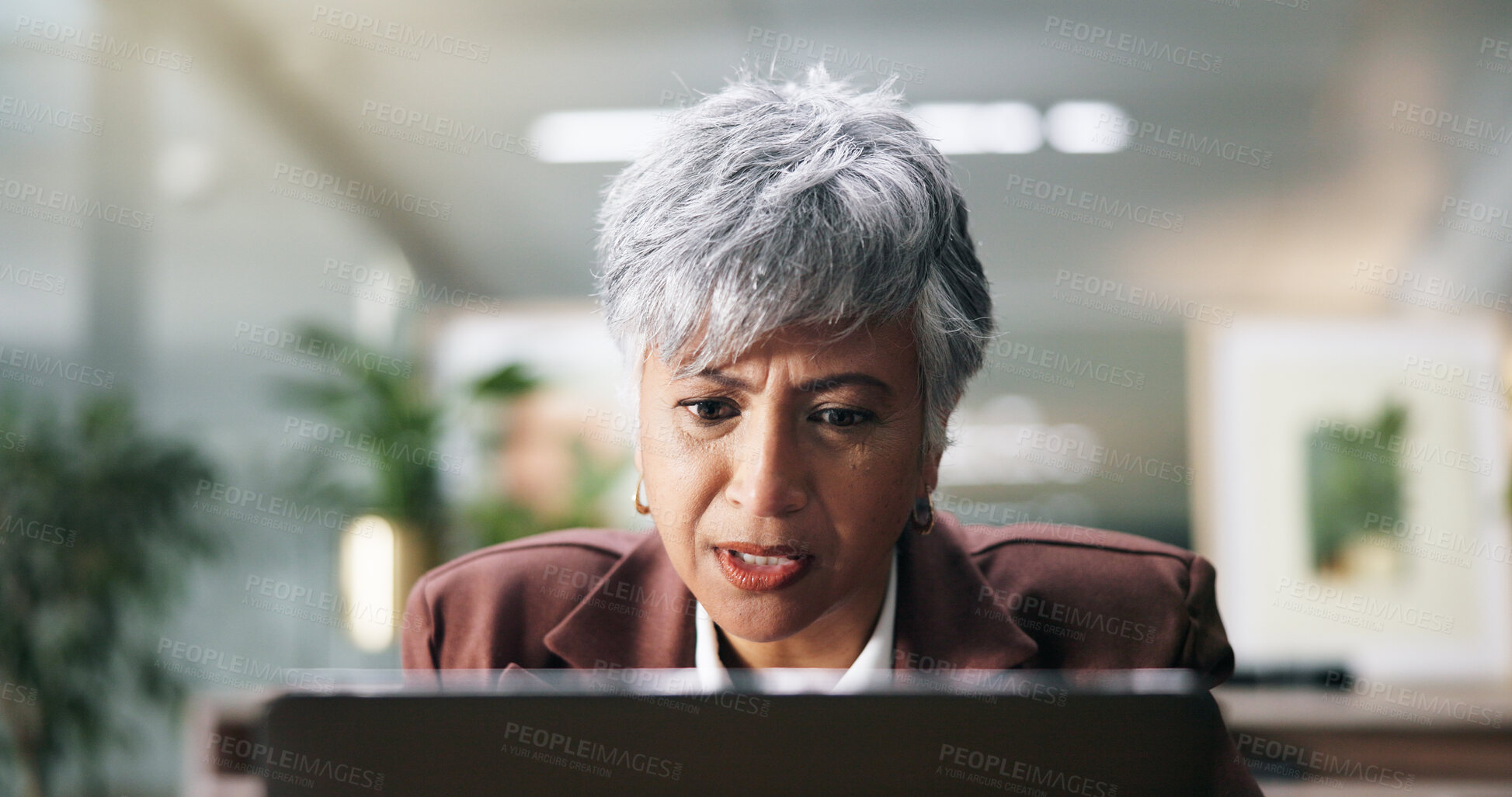 Buy stock photo Confused, reading and business woman on computer for insurance fraud, report or mistake. Technology, serious and mature broker check email in office for claims error, risk management or spam online