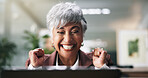 Business woman, laptop and happy with celebration for trading profit, financial success and goals. Excited trader, mature person and tech with victory fist in office for stock market growth and bonus