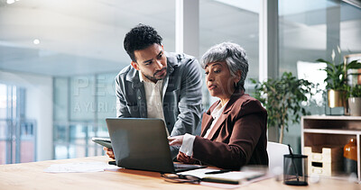 Buy stock photo Business feedback, people and meeting with laptop for finance management, advice or guidance. Financial advisor, manager and teamwork with tablet in office for budget report tips or investment review