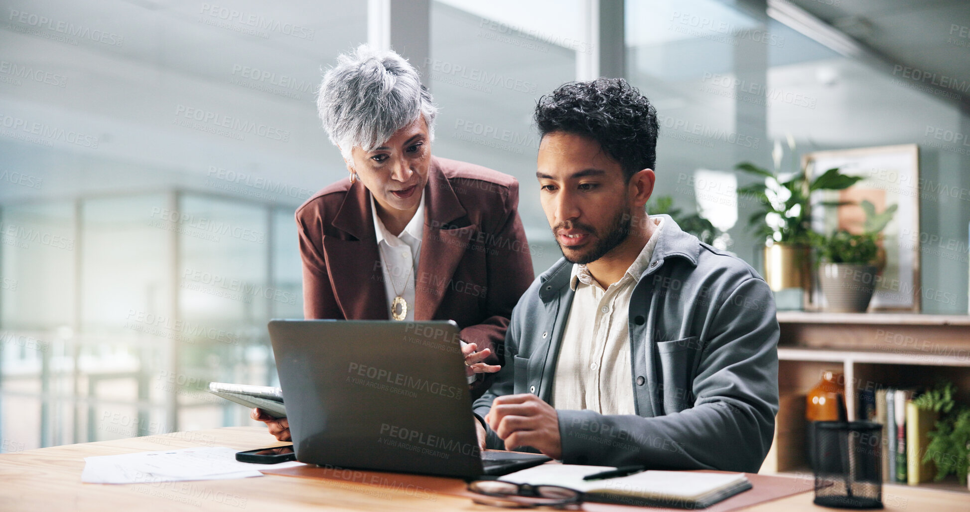 Buy stock photo Business feedback, people and tablet with laptop for finance update, market trends or planning. Financial advisor, manager or teamwork with tech in office for insurance advice and investment guidance