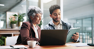 Buy stock photo Business teamwork, people and tablet with laptop for budget update, finance review or planning. Financial advisor, employees and happy with tech in office for online investment report and discussion