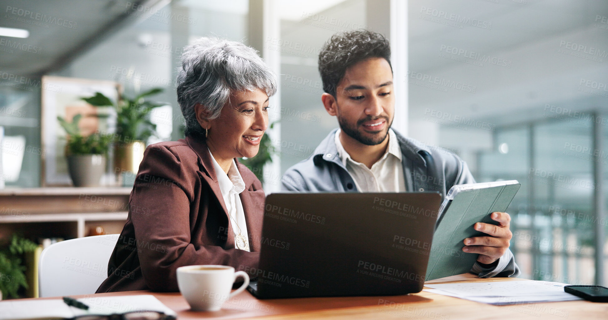 Buy stock photo Business teamwork, people and tablet with laptop for budget update, finance review or planning. Financial advisor, employees and happy with tech in office for online investment report and discussion