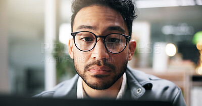 Buy stock photo Creative, employee and man with laptop, office or plan for project, thinking or reporter with story. Proofreading, article and journalist with tech for magazine, editing or checking draft in newsroom