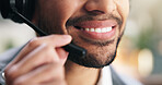 Call center, headset and mouth of businessman in office for customer service, crm or help desk contact. Happy, mic and technical support consultant with online consultation for contact in workplace.