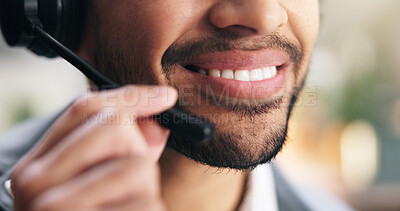 Buy stock photo Call center, headset and mouth of businessman in office for customer service, crm or help desk contact. Happy, mic and technical support consultant with consultation for communication in workplace.