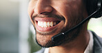 Call center, happy and mouth of businessman in office for customer service, crm or help desk contact. Headset, mic and technical support consultant with online consultation for contact in workplace.