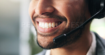 Buy stock photo Call center, happy and mouth of businessman in office for customer service, CRM or help desk contact. Headset, mic and technical support consultant with consultation for communication in workplace.