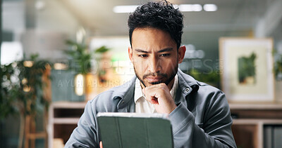 Buy stock photo Thinking, tablet and business man reading email, report or article for journalism in office. Technology, serious worker and problem solving with idea, inspiration and creative insight for news