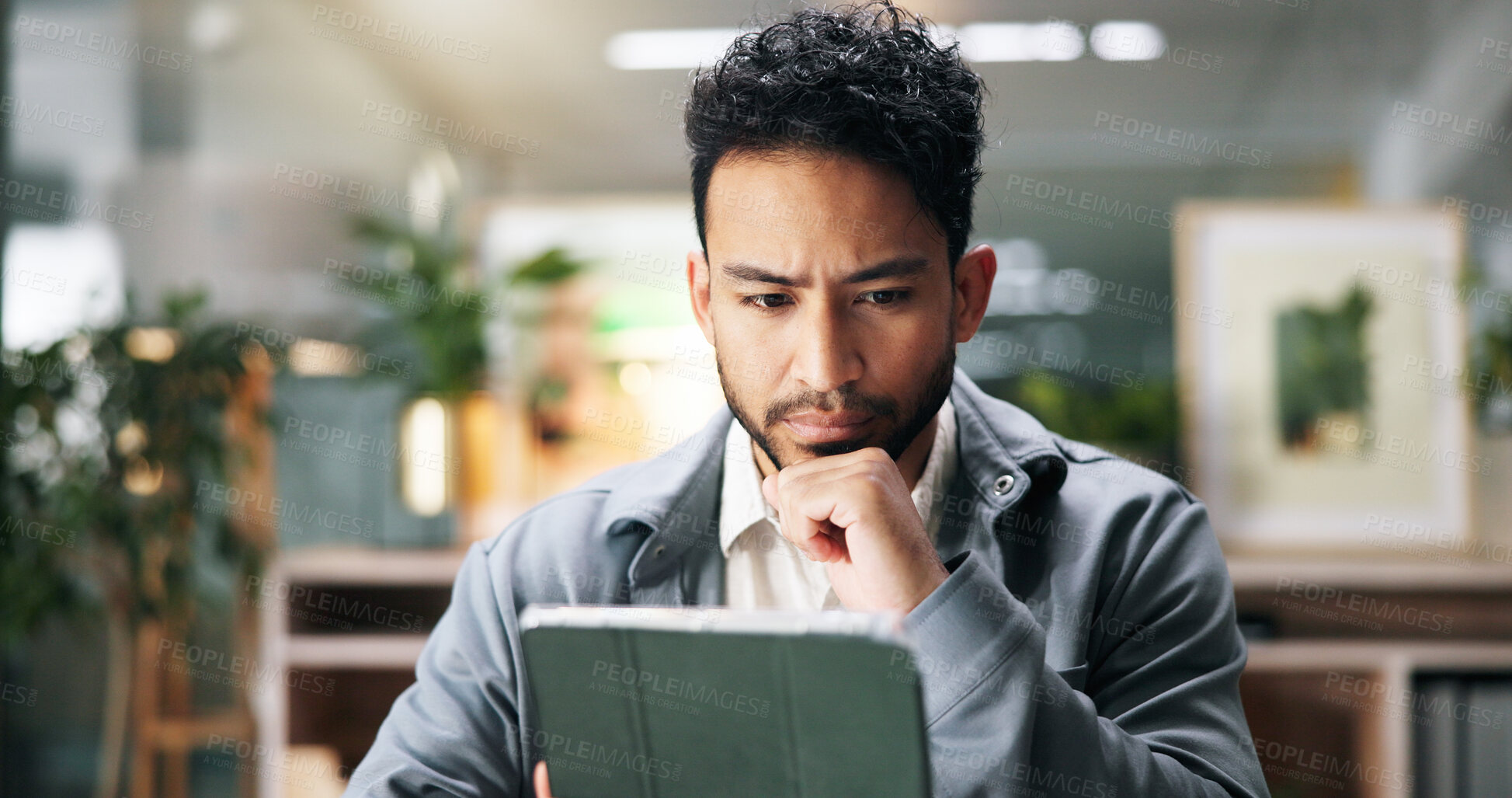 Buy stock photo Thinking, tablet and business man reading email, report or article for journalism in office. Technology, serious worker and problem solving with idea, inspiration and creative insight for news