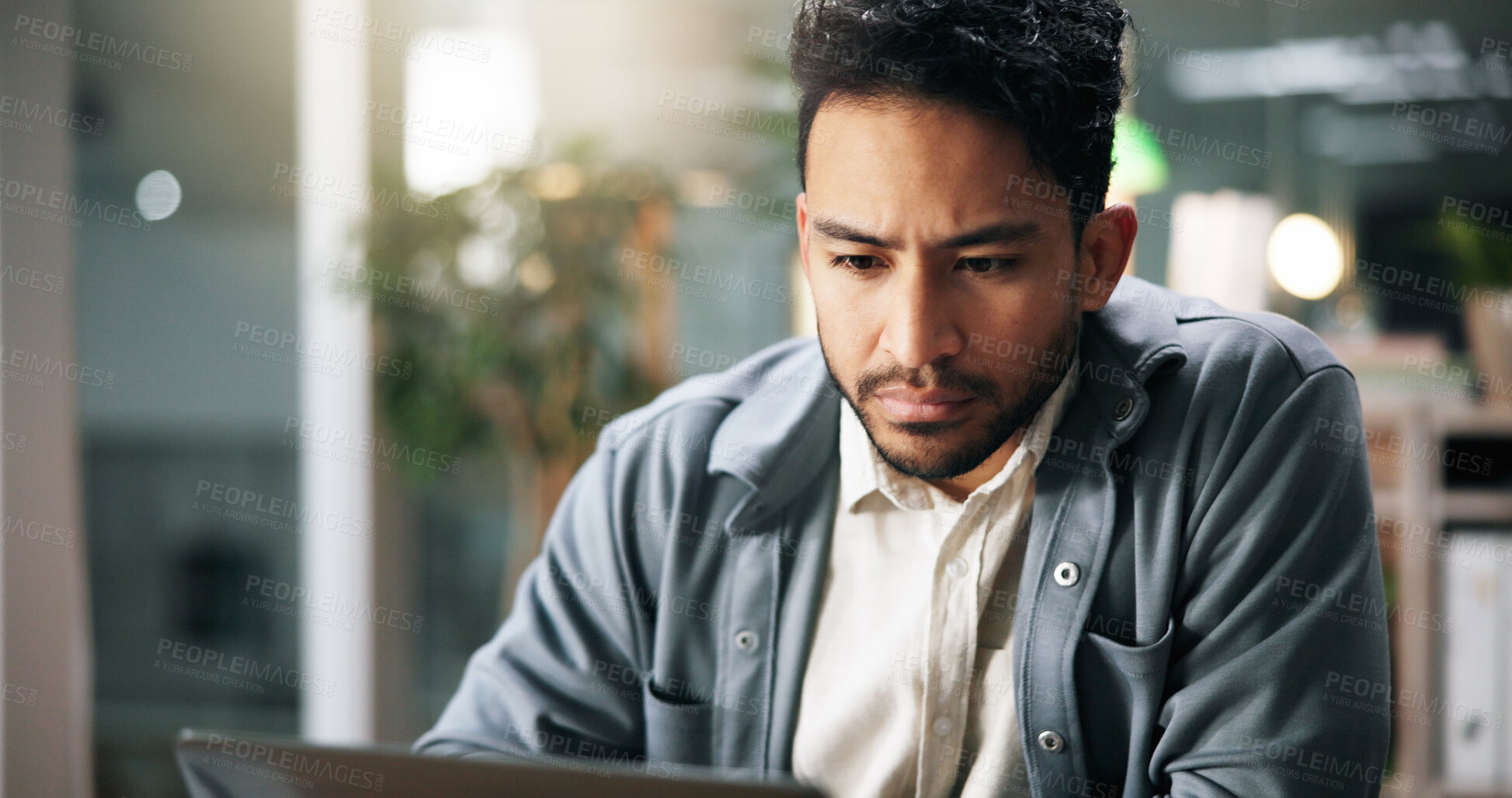 Buy stock photo Creative, reporter and man with laptop, office or plan for project, thinking or employee with story. Proofreading, article and journalist with tech for magazine, editing or checking draft in newsroom