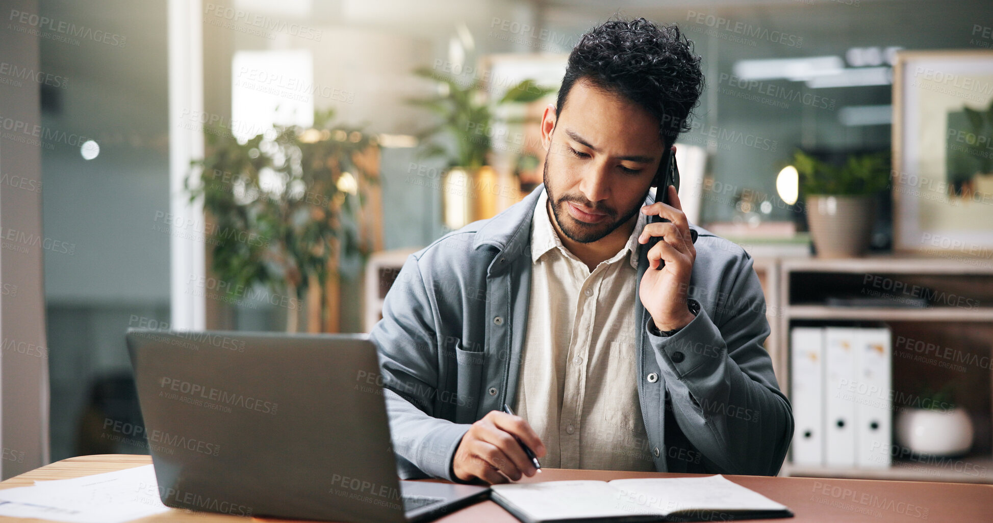 Buy stock photo Business, phone call and man in office, writing and schedule for tax audit, negotiation and accounting. Person, financial agency and employee with pc, portfolio management and notebook for agenda