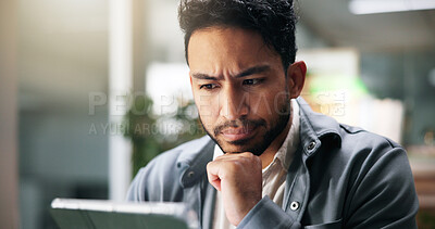 Buy stock photo Problem solving, tablet and business man reading email, report or article for journalism in office. Technology, serious worker and thinking with idea, inspiration and creative insight for news
