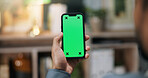 Person, hands or phone with green screen for online connectivity, network service or UI in office. Business, journalist or employee with mobile smartphone display for new app or UX on mockup space