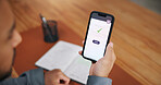 Businessman, hands or phone screen with tick for order, online shopping or payment confirmation. Top view, man or employee with mobile smartphone display for ecommerce, approval or food app in office