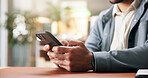 Hands, business and man in office, smartphone and typing with internet, stock market and email. Closeup, person and professional with cellphone, financial agency and app for trading and investment
