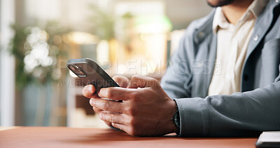 Buy stock photo Hands, business and man in office, smartphone and typing with internet, stock market and email. Closeup, person and professional with cellphone, financial agency and app for trading and investment