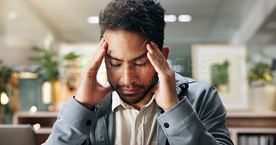 Buy stock photo Frustrated, businessman and headache with stress in office for mental health, mistake or deadline. Tired, man or employee with migraine or anxiety for strain, pressure or overworked in workplace