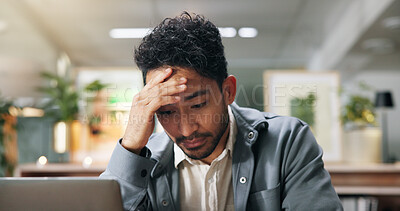 Buy stock photo Business, headache and man with stress, night and laptop with stock market crash, pain and tension. Person, accounting and employee with PC, evening and migraine with fatigue, tired and pressure