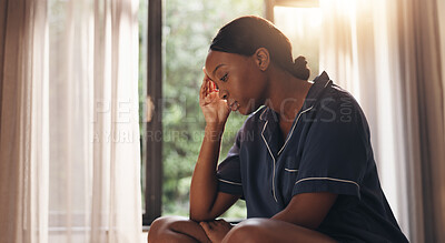 Buy stock photo Thinking, woman and stress in bedroom, sad or depression for financial crisis, unemployment or debt. Mental health, reflection and black person with anxiety, job loss and career uncertainty in house